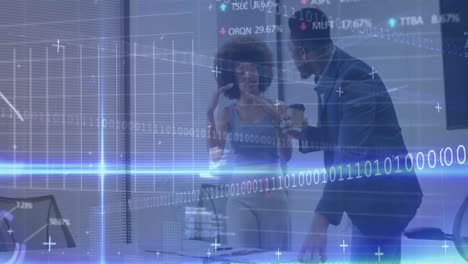 animation of financial data and graphs over diverse coworkers in office