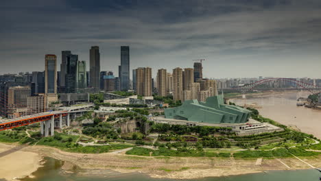 chongqing, china - 28 may 2025 : timelapse of the amazing chongqing cyberpunk city skyline from a high vantage point with the yangtze river