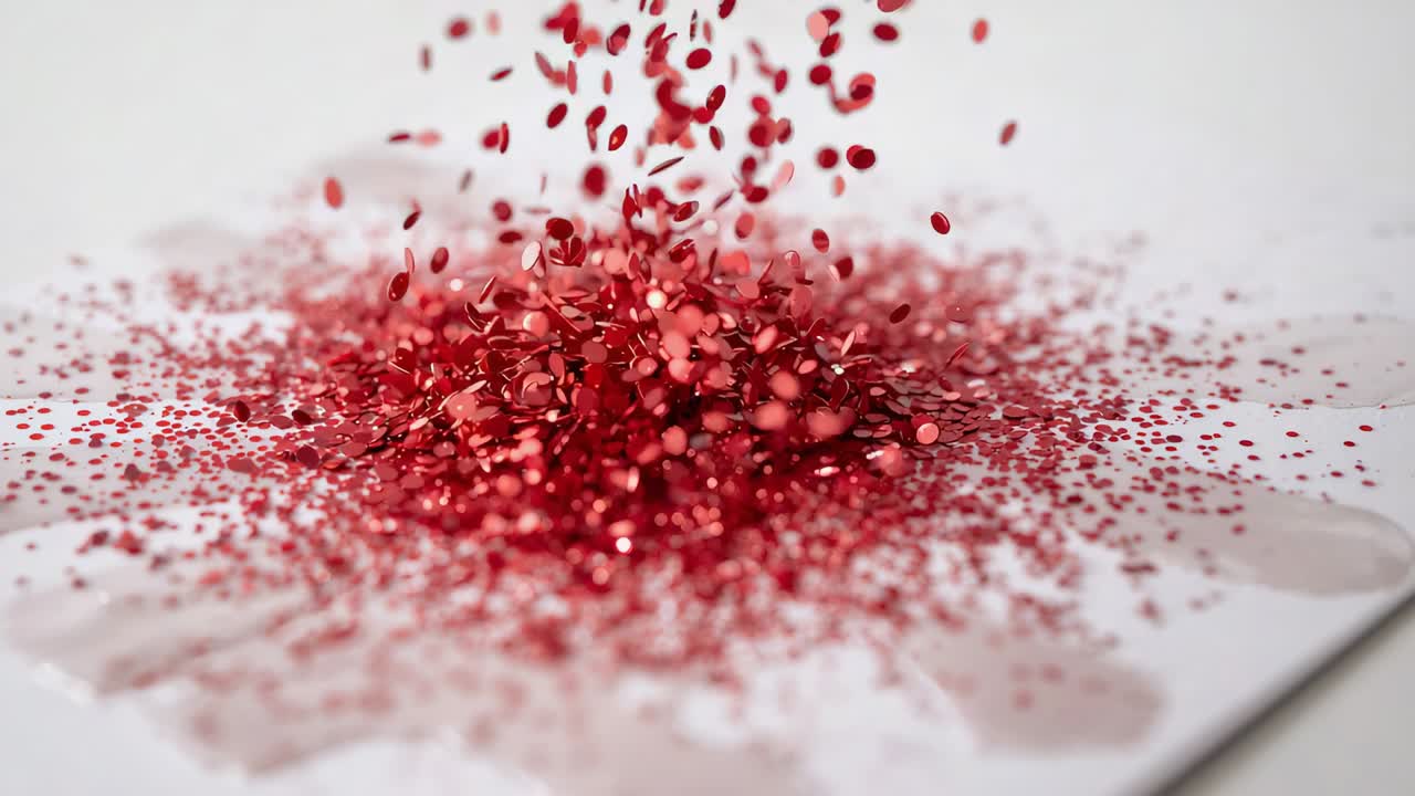 Falling red sequins building mound on white sheet, released from above with studio highlights