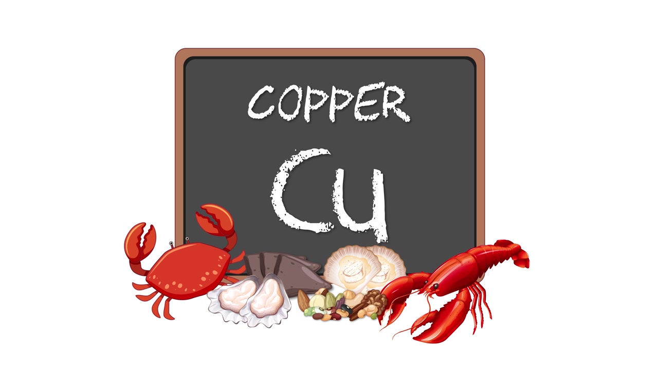 Tableau noir animé avec un symbole en cuivre, entouré d’ingrédients de fruits de mer, entrée en douceur sur fond blanc épuré