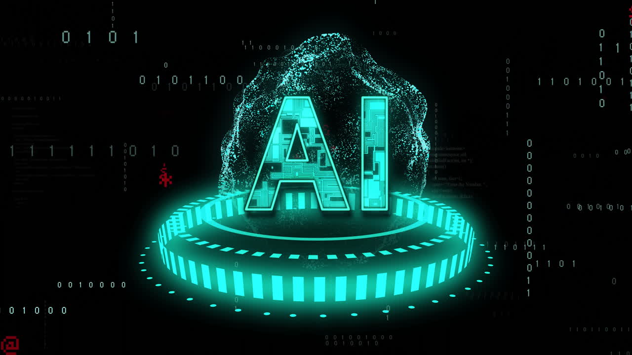 Glowing AI text with binary code and digital animation in futuristic design