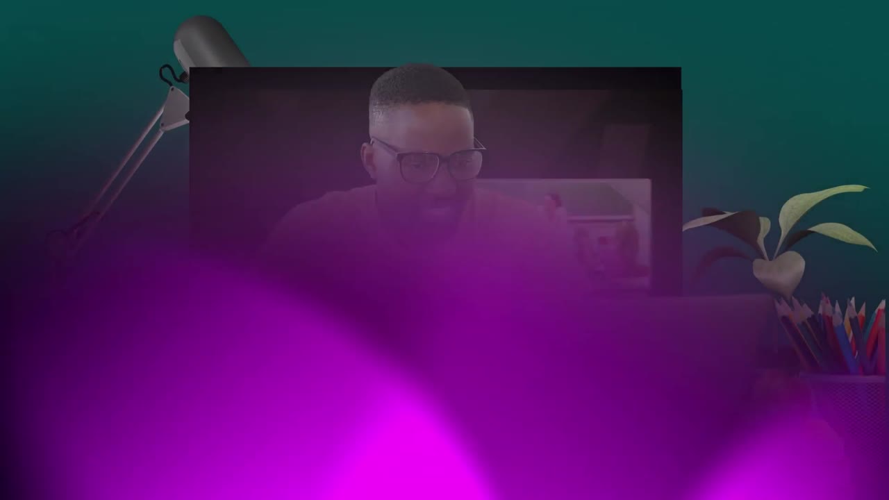 Animazione di un uomo afroamericano felice con un portatile coperto da una forma viola