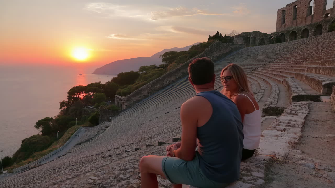 Couple enjoys sunset over the sea from ancient theater ruins