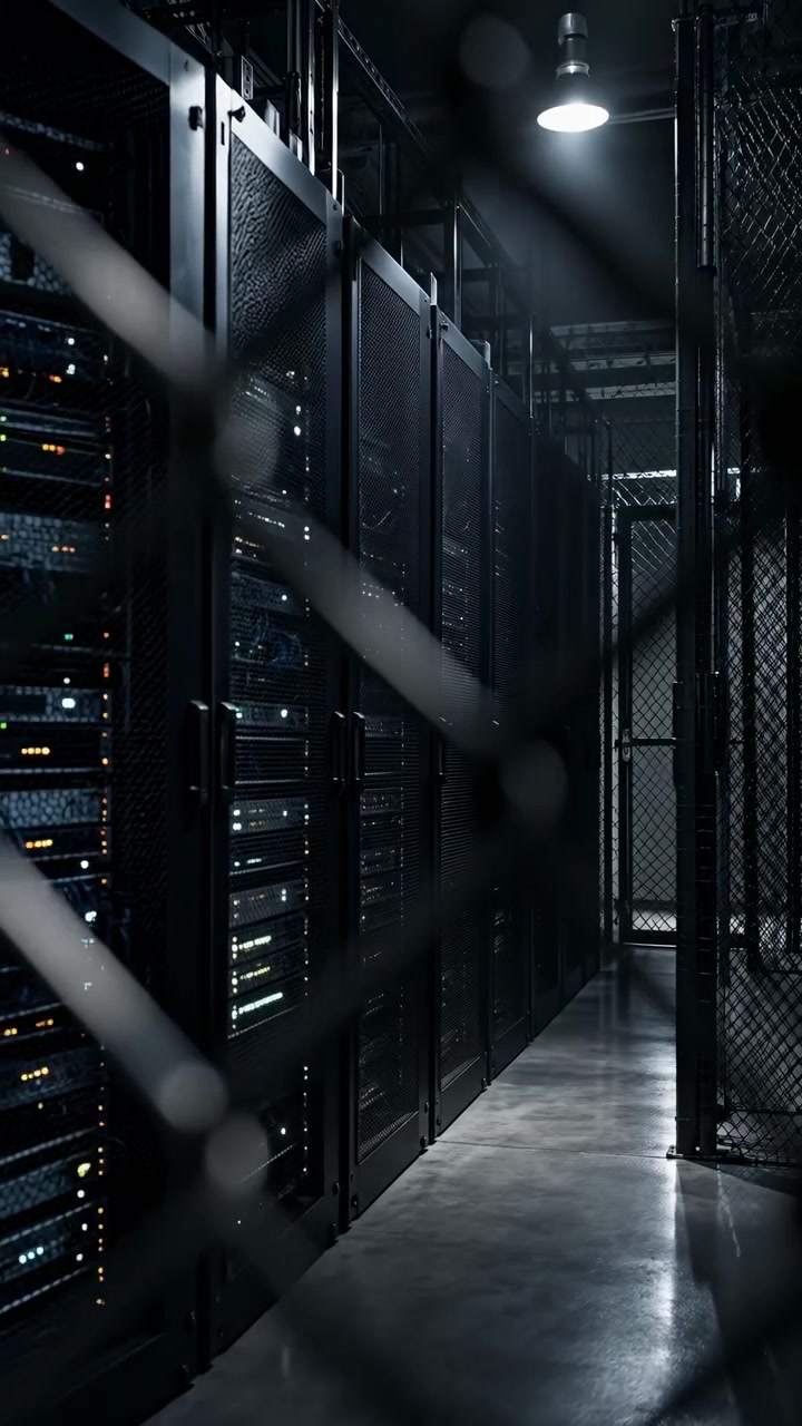 File di armadi server di rete rimangono immobili dietro una rete metallica mentre la luce brillante del soffitto si affievolisce lungo il corridoio, immergendo il pavimento riflettente e l'attrezzatura nell'oscurità