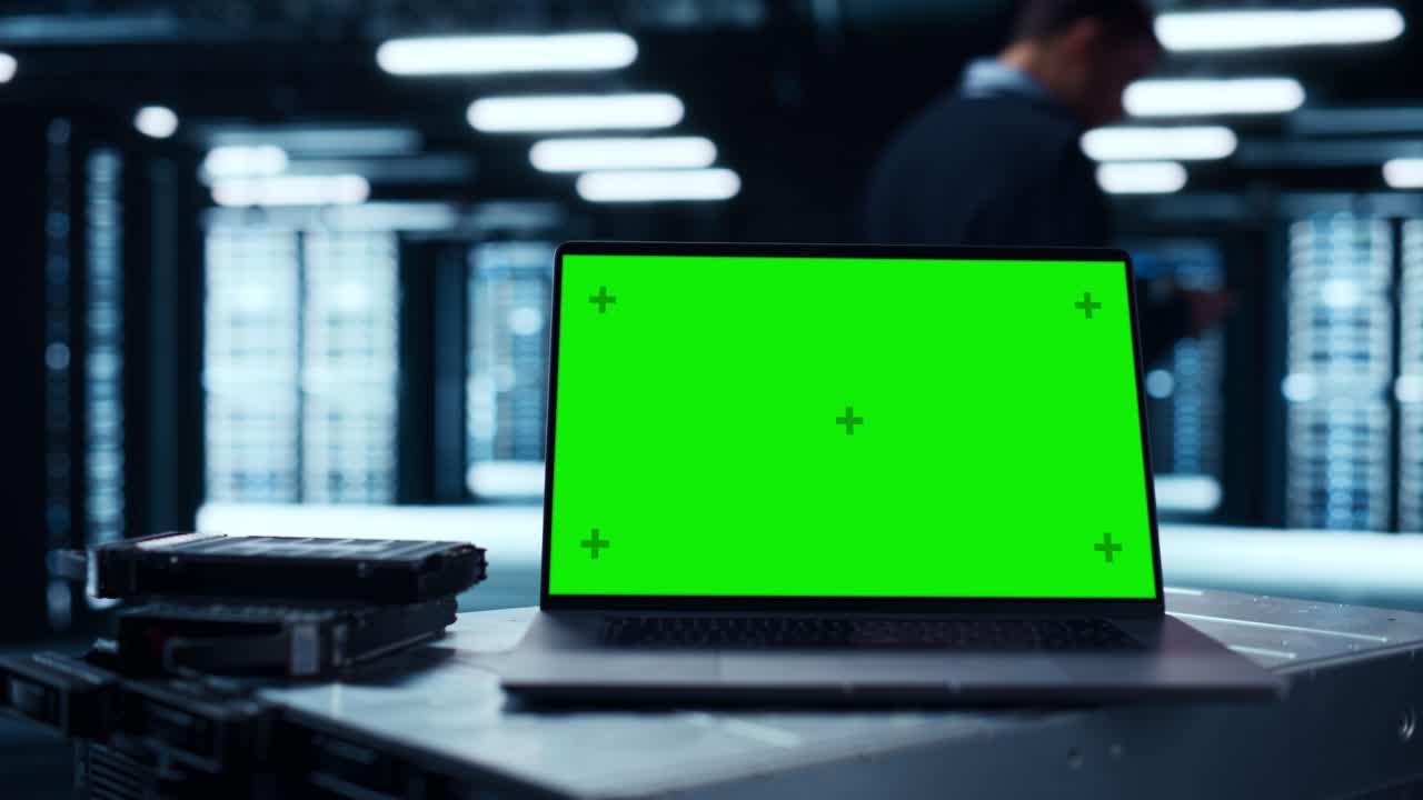Laptop Computer with Green Screen Chroma Key Mock Up Display Stands on a Table. In the Background Data Center With Rows of Server Racks and IT Engineer Working. Static Shot.