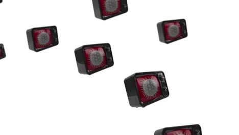 animación 3d: fondo en bucle con muchas cajas de televisión voladoras y giratorias con célula de virus en la pantalla sobre fondo blanco. el concepto de escalar la situación por los medios de comunicación. miedo y pánico.