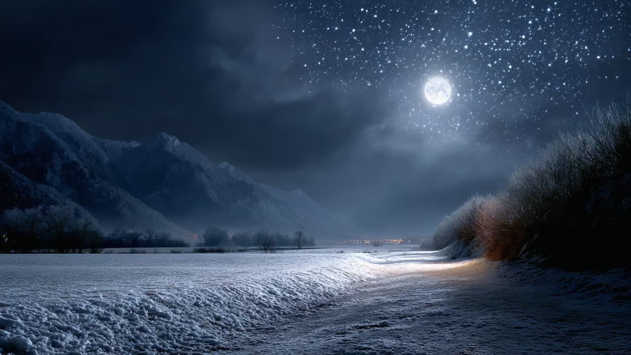 Eine friedliche Nachtlandschaft, beleuchtet vom Vollmond, mit einem schneebedeckten Weg, der sich durch majestätische Berge schlängelt, und Sternen, die am dunklen Himmel funkeln