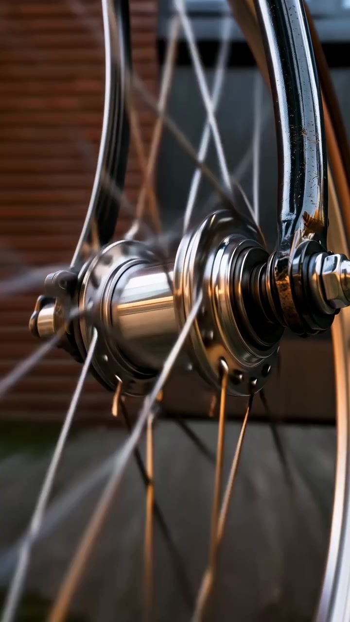 Il mozzo lucidato di una bicicletta ruota con i raggi che si muovono attorno all'asse fisso e alla forcella, creando una leggera sfocatura di movimento mentre i riflessi caldi si spostano sulle superfici metalliche in una messa a fuoco esterna superficiale