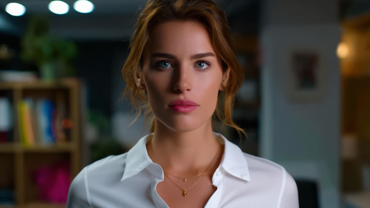 Una donna con una camicia bianca mostra espressioni contrastanti, passando da uno stato d'animo contemplativo con le mani alle tempie a uno sguardo concentrato, evidenziando le sfumature emotive in un ambiente professionale.