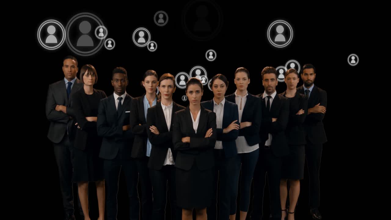 animación de diversas personas de negocios sobre iconos en fondo negro