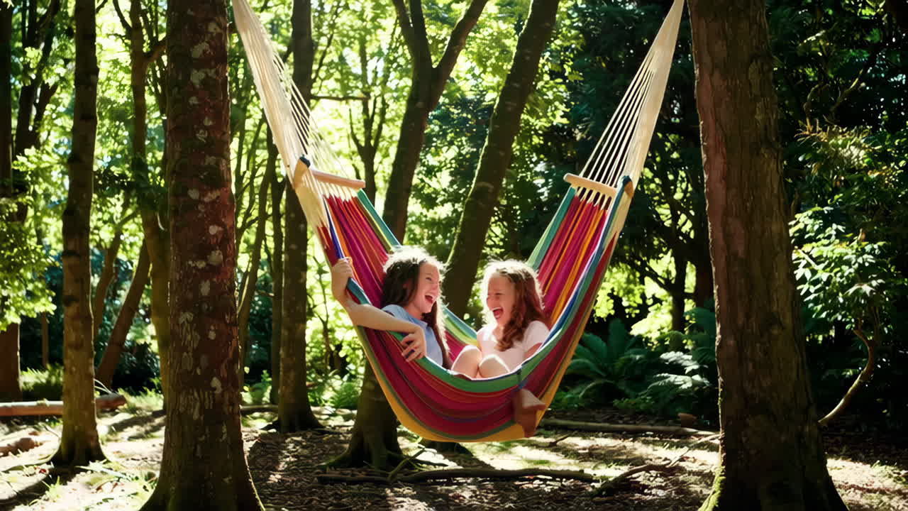 Two young girls laughing in a colorful hammock in a forest