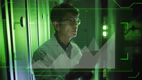 Animation of data processing over asian male it technician with tablet over computer servers