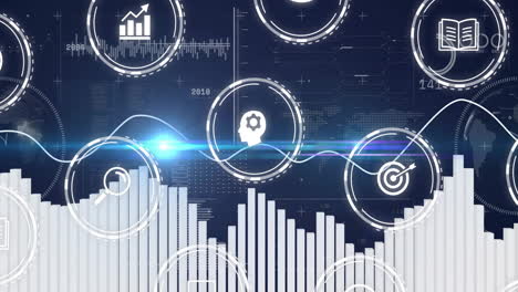 graphs and charts with data processing animation over financial and business icons