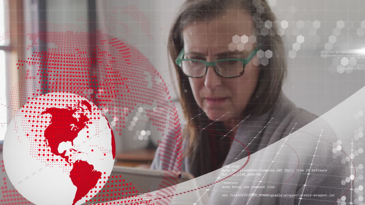 Animation of globe, computer language over thoughtful caucasian woman analyzing reports on laptop