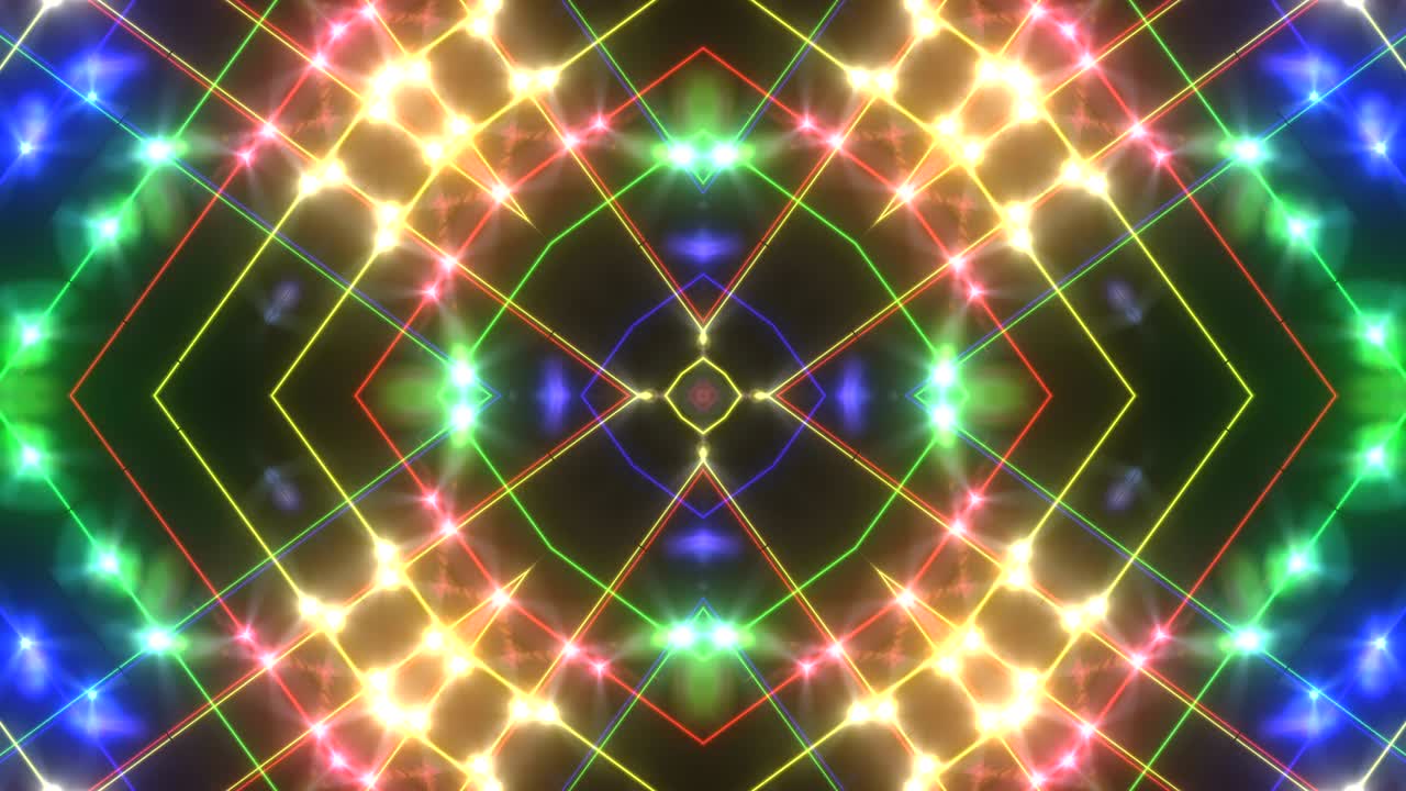 Abstract disco kaleidoscopes background with animated glowing neon colorful lines and geometric shapes for music videos, VJ, DJ, stage, LED screens, show, events, christmas videos, night clubs.
