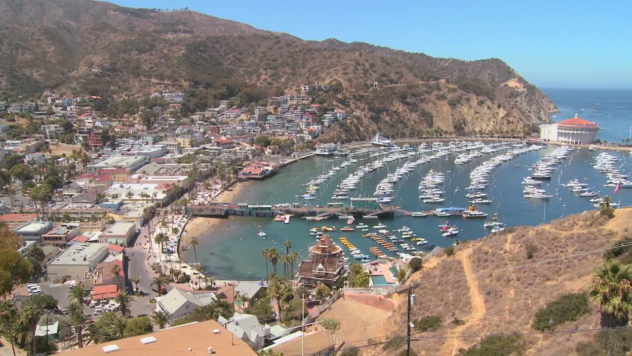 vista general de ángulo alto de la ciudad de avalon en catalina islandc