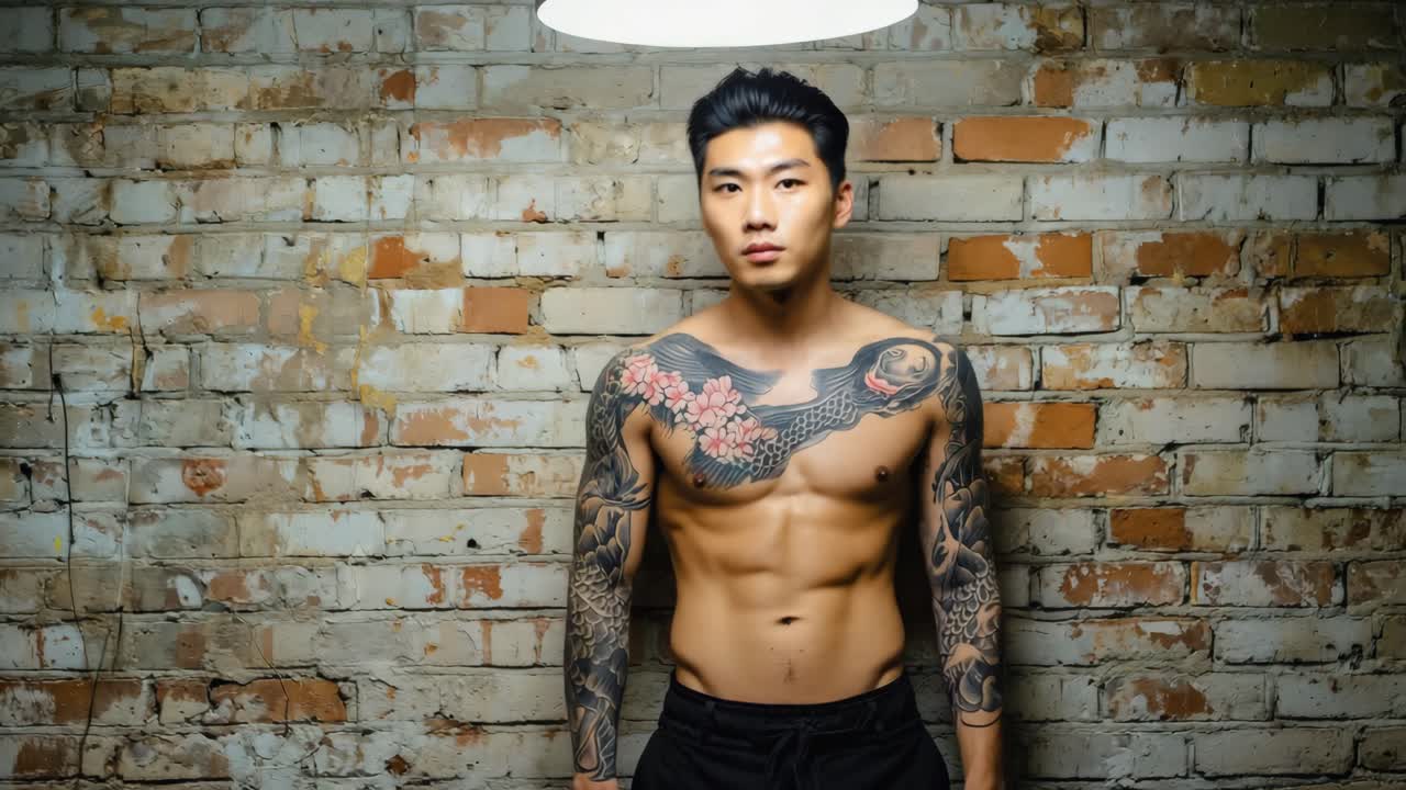 Shirtless Asian Man with Tattoos Against Brick Wall
