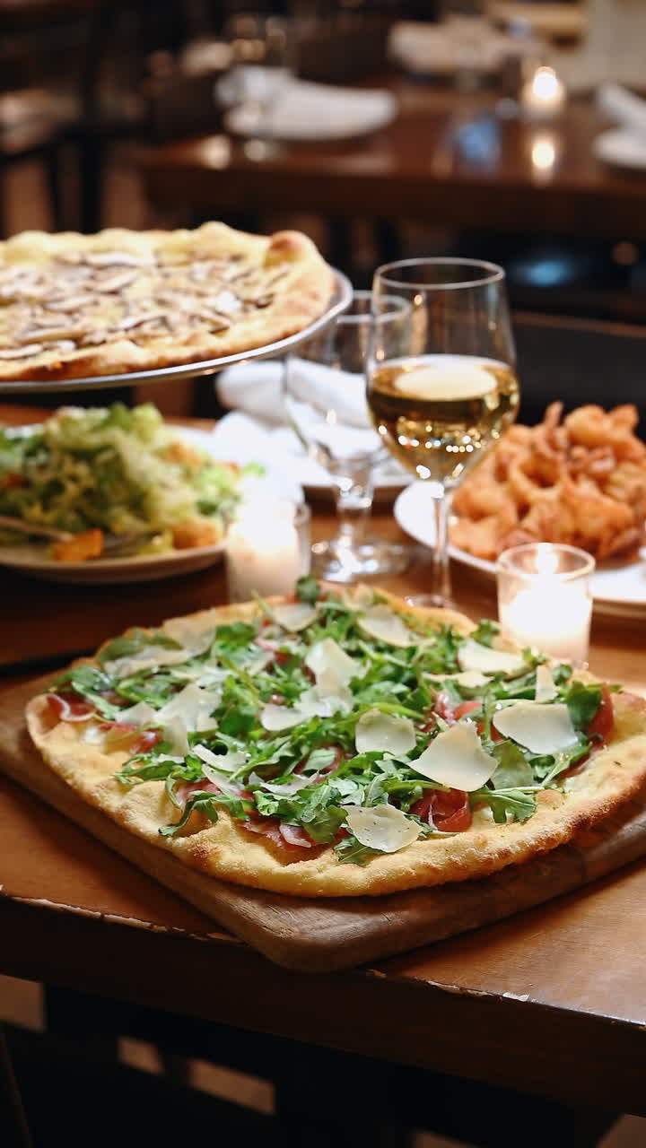 Delicious pizza with fresh greens served with wine and appetizers at restaurant. Fresh pizza topped with greens and cheese sits on a table with wine and appetizers in a restaurant setting