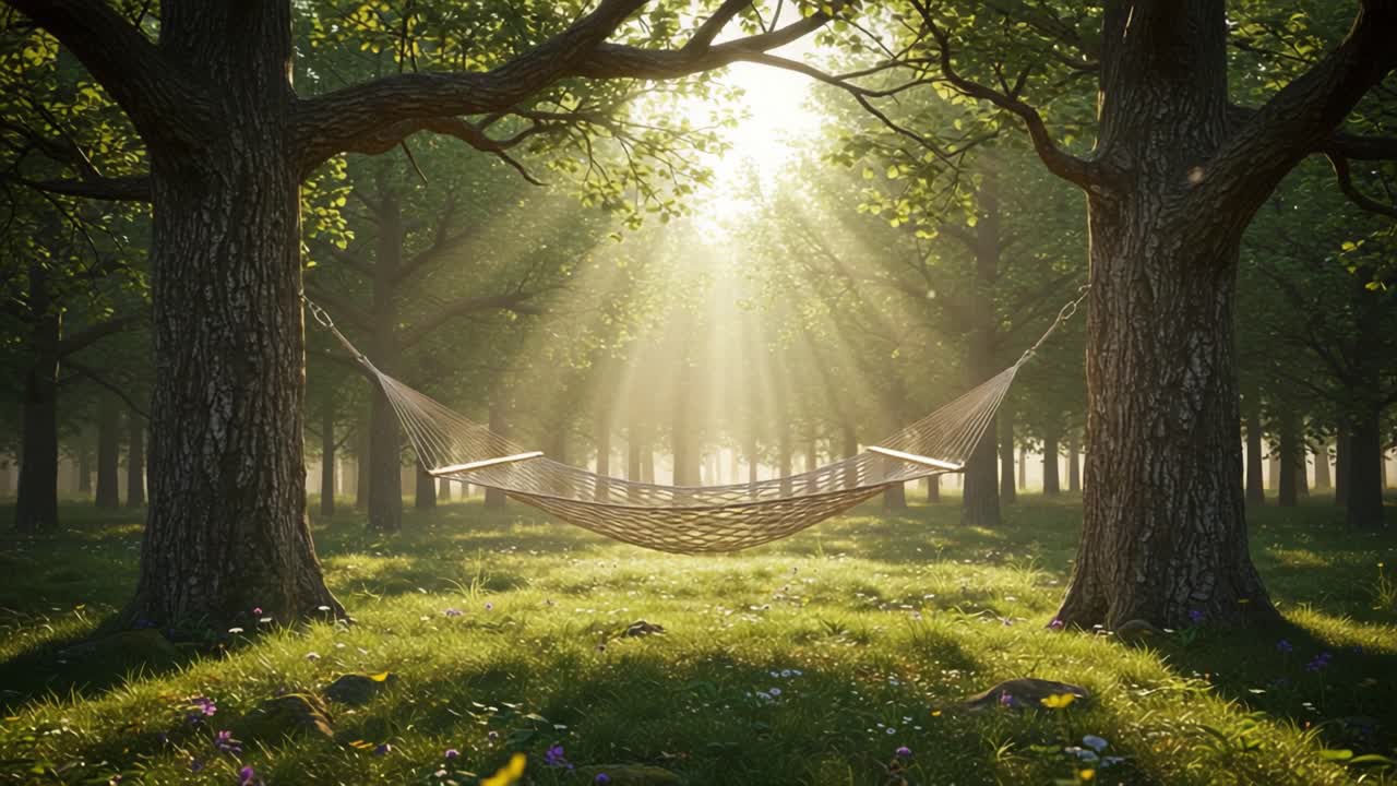 A Serene Hammock Nestled Between Trees Bathed in Golden Light in a Tranquil Forest, Creating a Perfect Retreat for Relaxation and Rejuvenation