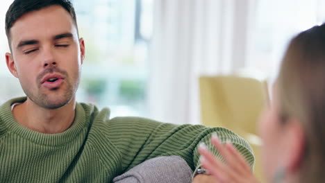 Man,-talking-and-couple-fight-on-sofa