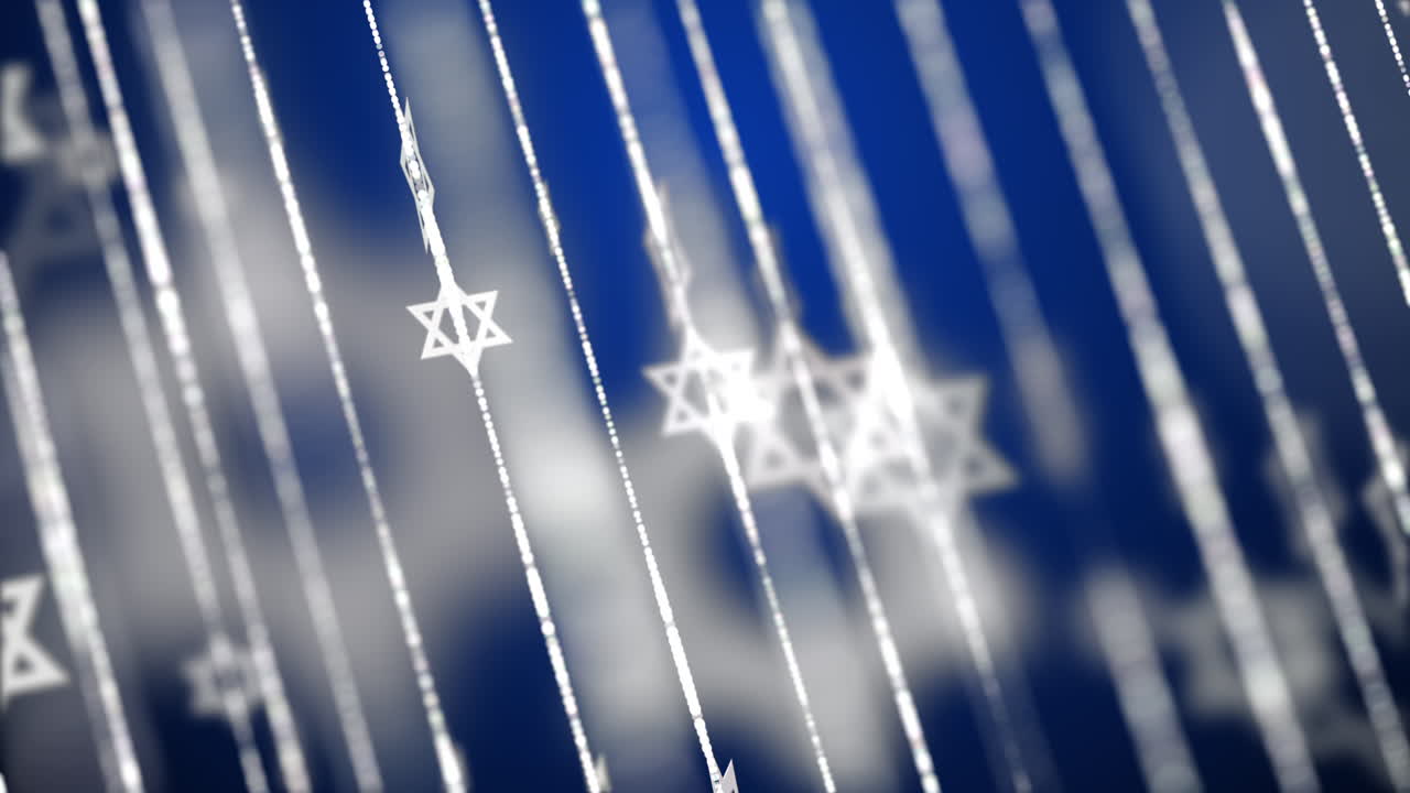 White hexagonal Star of David symbols on a blue background. National symbol of the state. Blurred animation in the traditional colors of Israel.