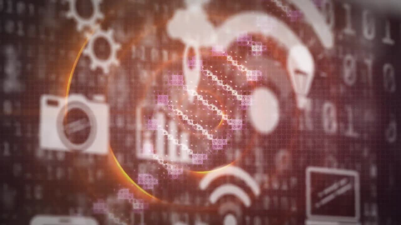 animación de iconos tecnológicos sobre código binario, engranajes, adn y círculos sobre fondo marrón