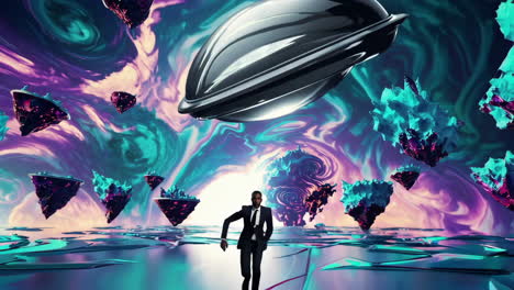 man explores a vibrant, surreal alien dimension