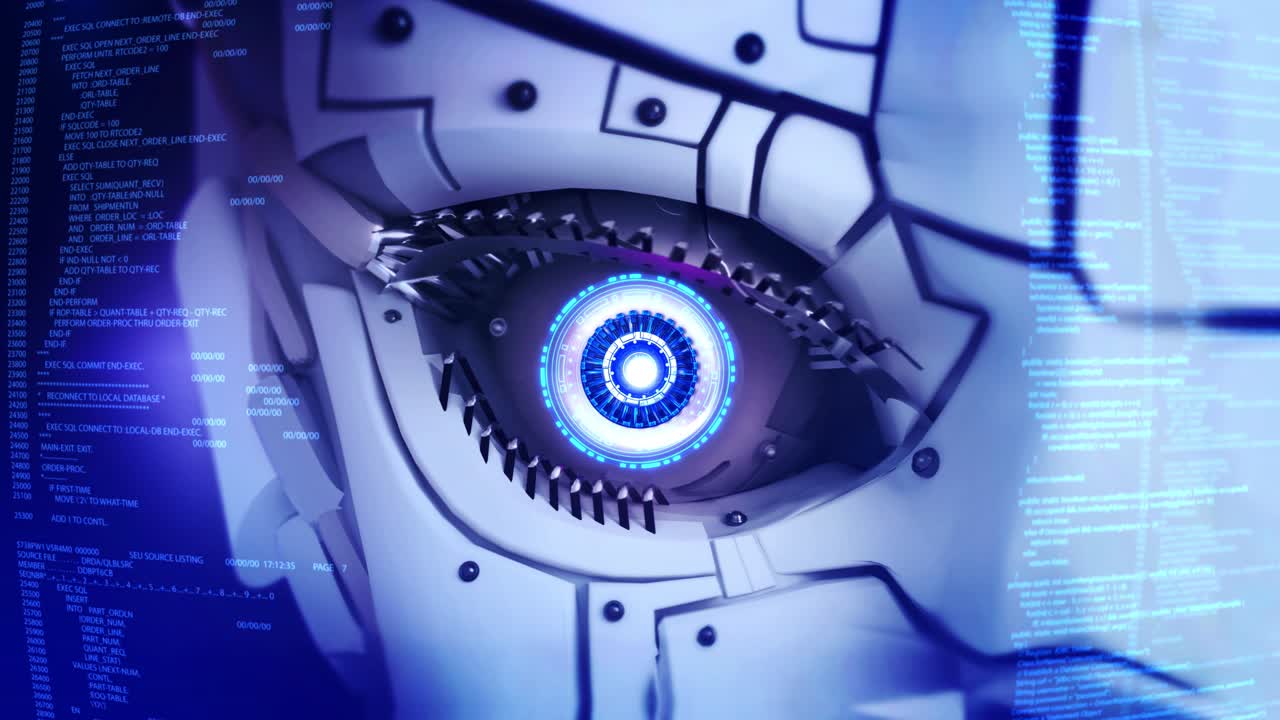IA robot ojo oscuro tecnología espacio cíborg visión digital fondo ciberseguridad futuro datos artificial