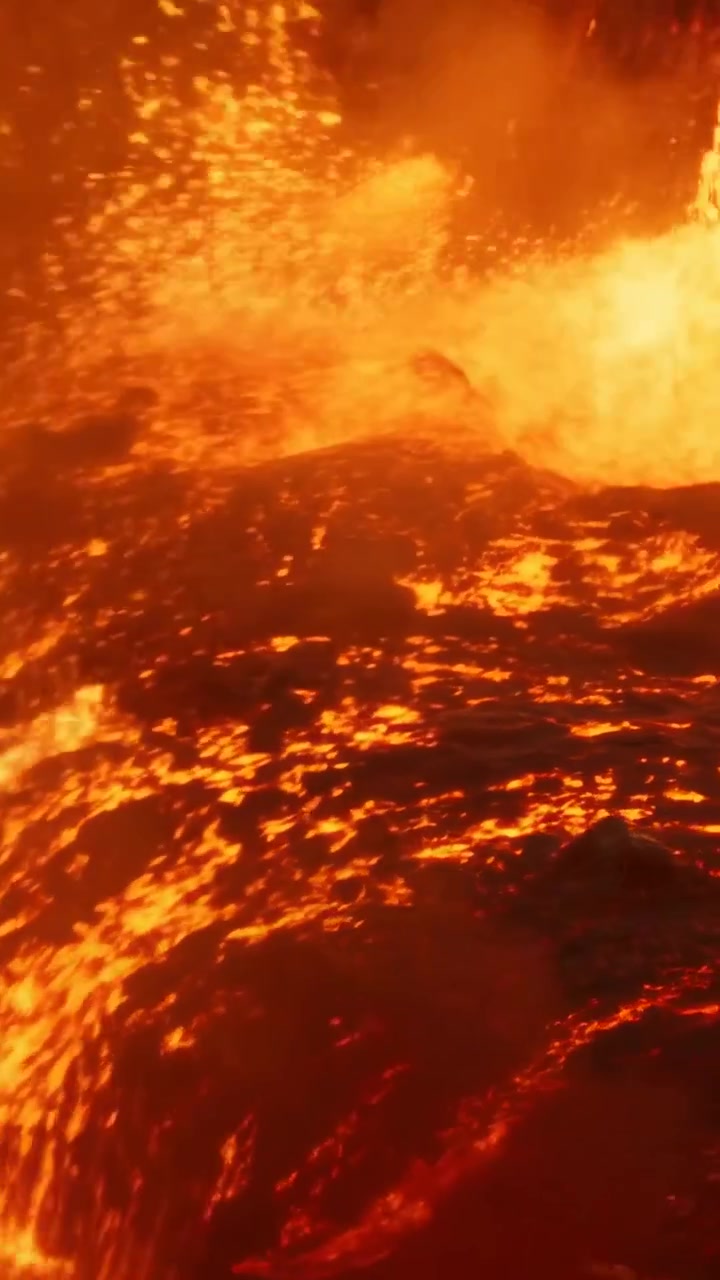 Vertikales Video: Steigender Gasdruck treibt Lavastrom an, der in einem Lavafeld gipfelt und Tröpfchen ausstößt