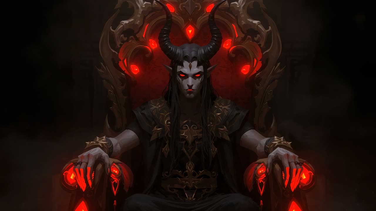 Opening frame showing horned demon sitting motionless on ornate throne in smoky hall, runes pulsing