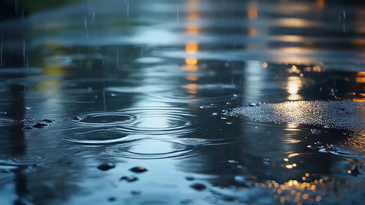 濡れたアスファルトの路面に水たまりへ落ちる雨粒