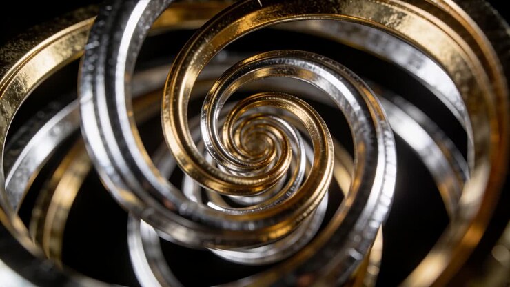 Motore che aziona anelli a spirale d'oro o d'argento che ruotano, bagliori cangianti, mostrando usura, mettendo in risalto il design.