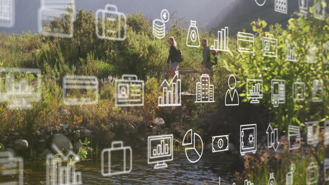 Finance icons appearing in foreground, man and woman walking riverside path pointing toward plants