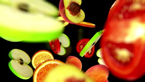 sliced pieces of fruits fall into darkness, seamless loop, cg