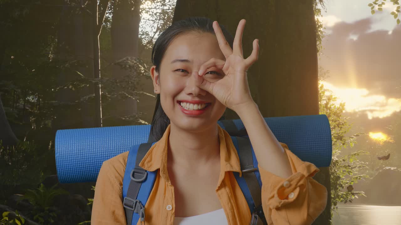 Close Up Of Asian Female Hiker With Mountaineering Backpack Smiling And Showing Ok Sign With Fingers Over Eyes While Exploring Forest Nature