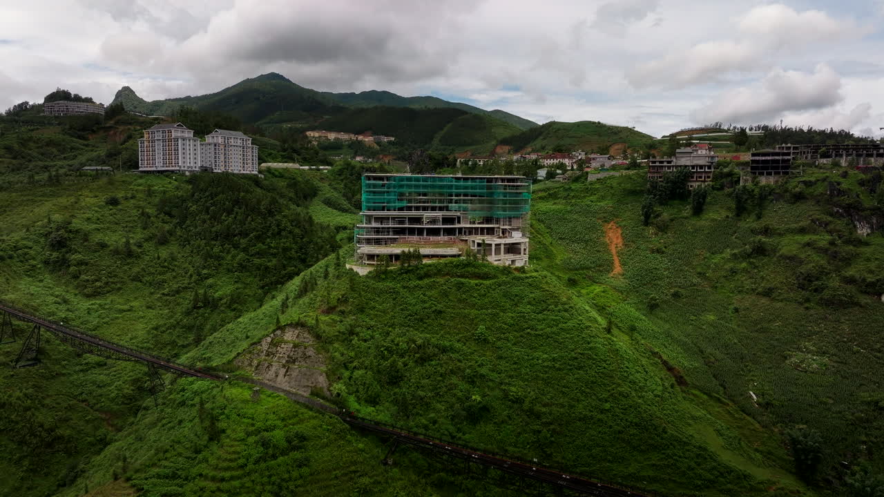 Aerial View of Hotel Construction on a Mountainside in Vietnam