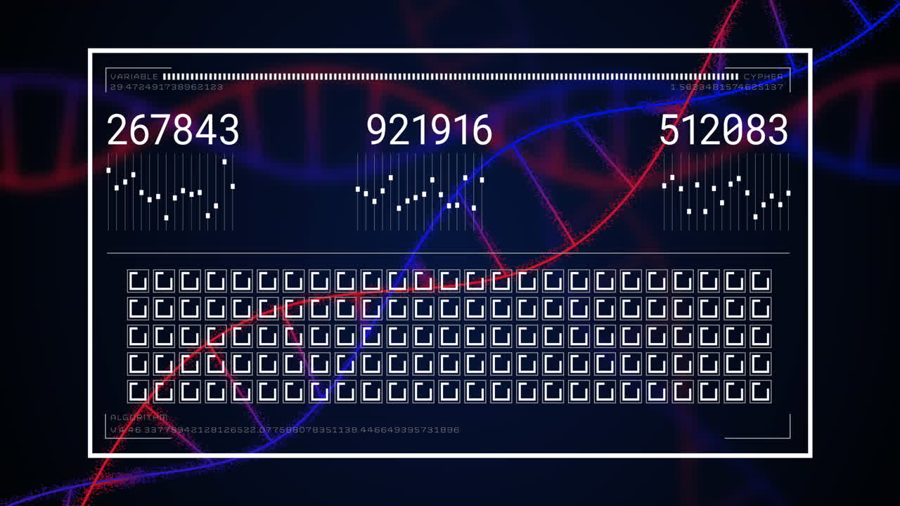 Animation of digital display with changing numbers and spinning square shapes over dna helix