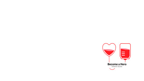 Animation-of-become-a-hero-donate-blood-text-with-blood-bag-and-heart-logo,-on-white-background