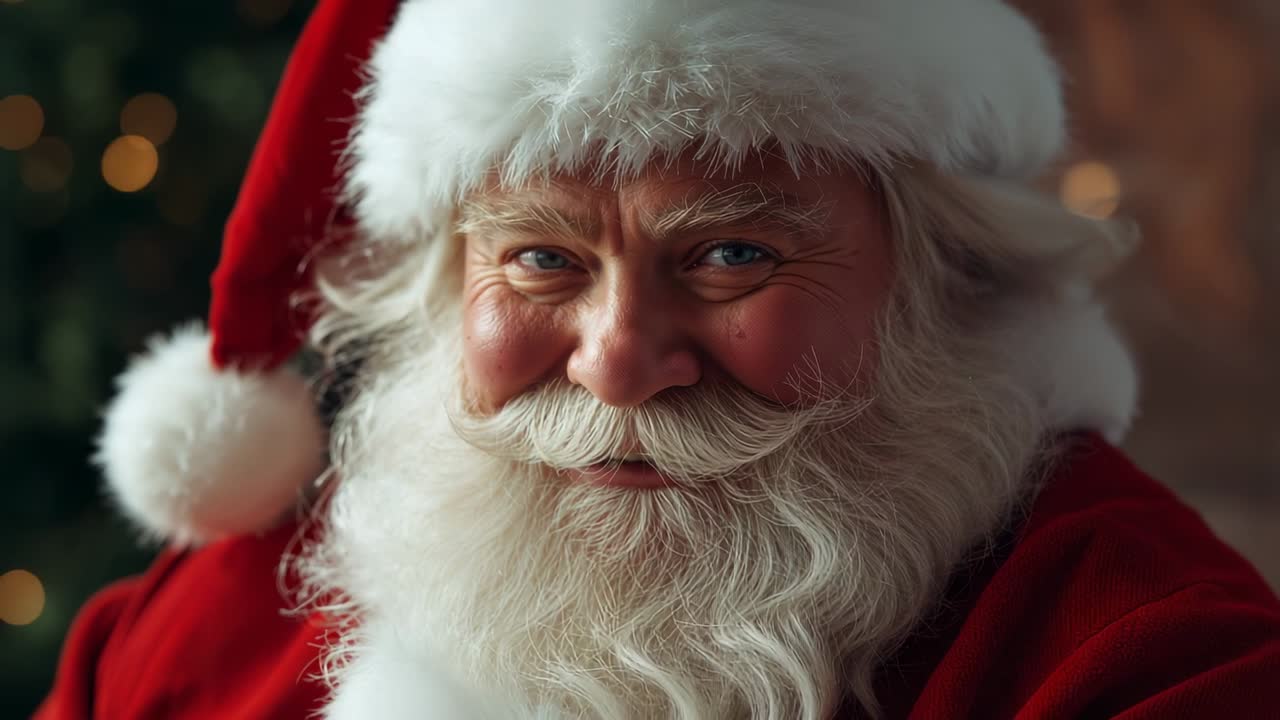 Opening closeup Santa impersonator raising gaze inside cozy holiday room, with fur-trimmed hat
