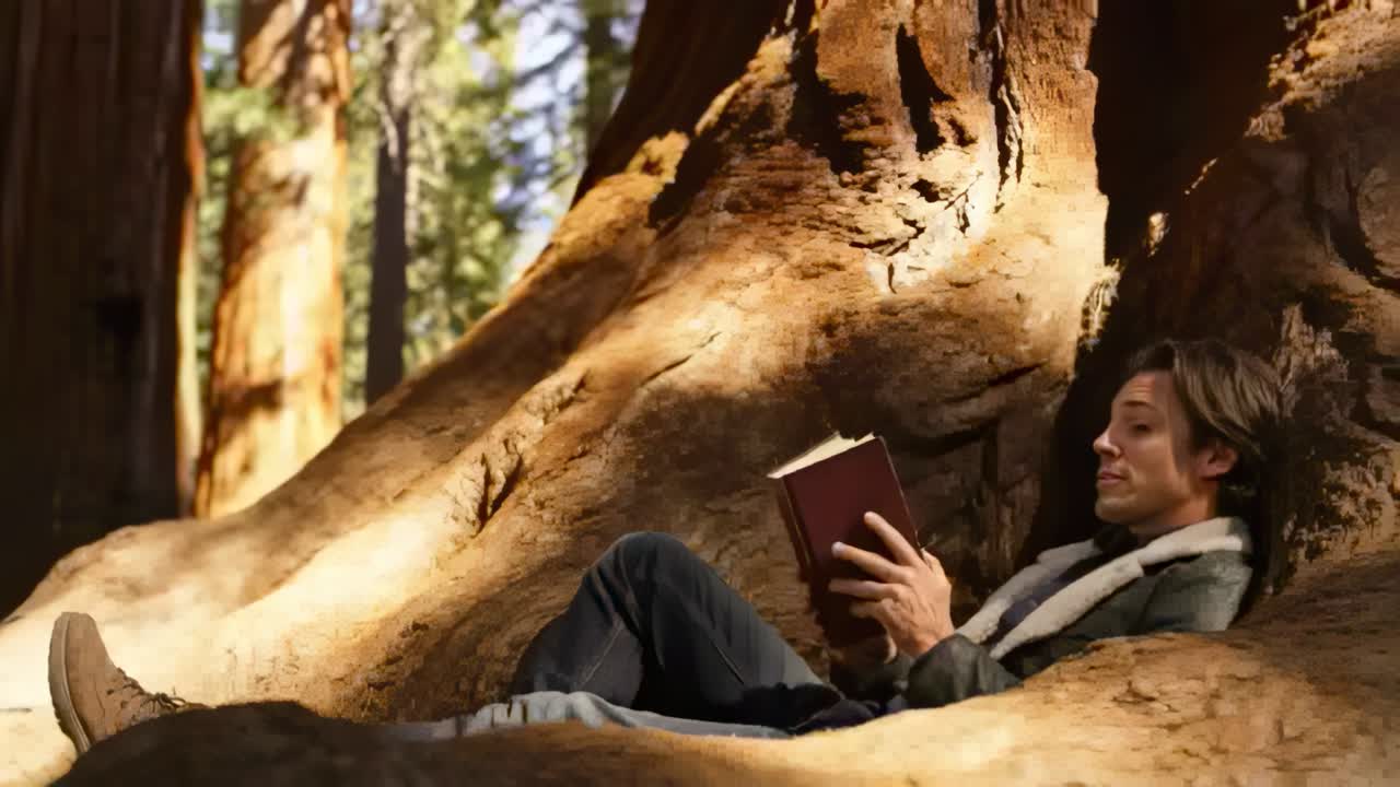 Mann liest entspannt ein gebundenes Buch in einer Baumhöhle im Wald, trägt Fleecejacke, mit Freiraum für Text.