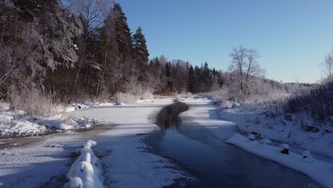 winter partially frozen river in forest landscape aerial view