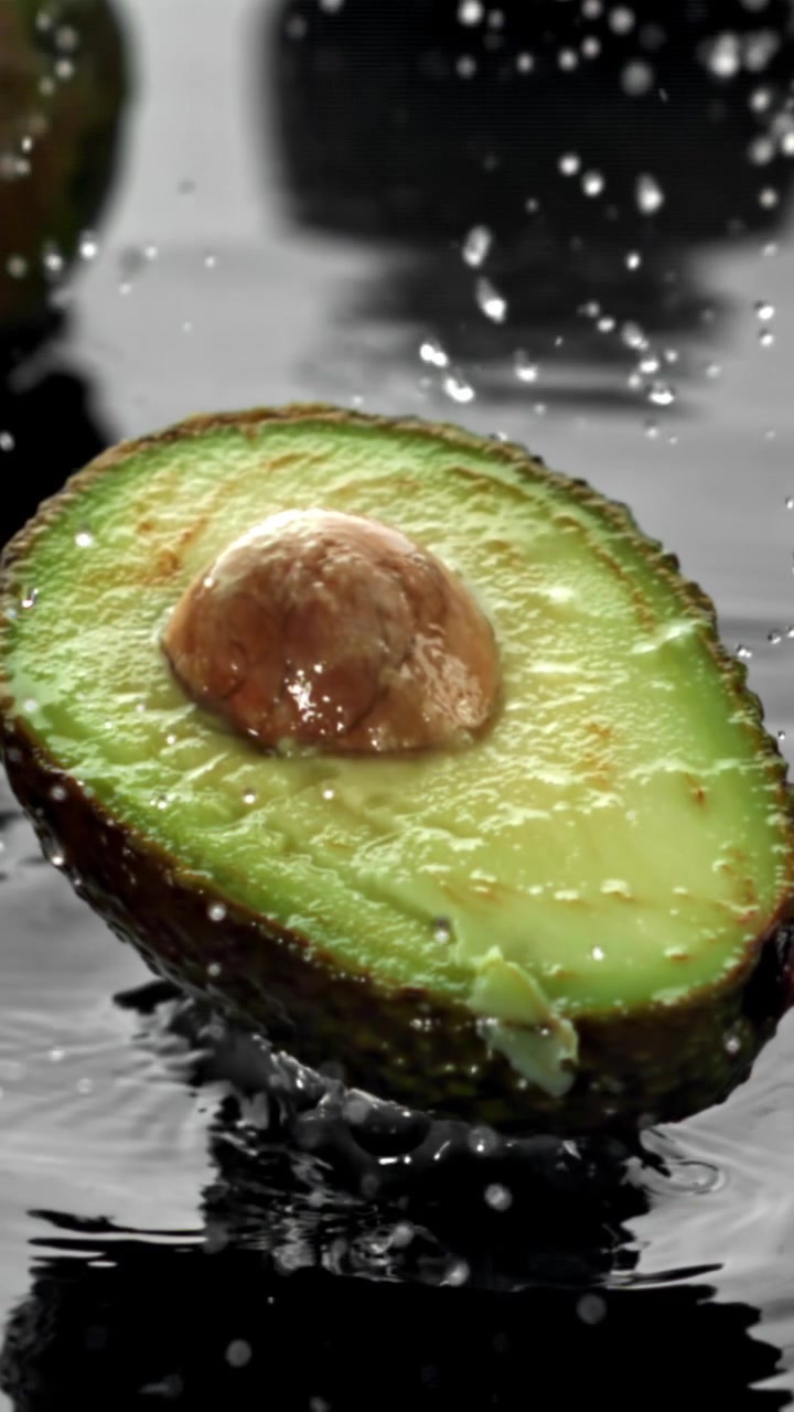 Rallentatore di acqua che schizza su mezzo avocado fresco