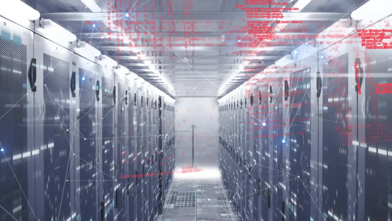 Red code text emerging in server corridor initiating blue node mesh pulsing to represent data flow