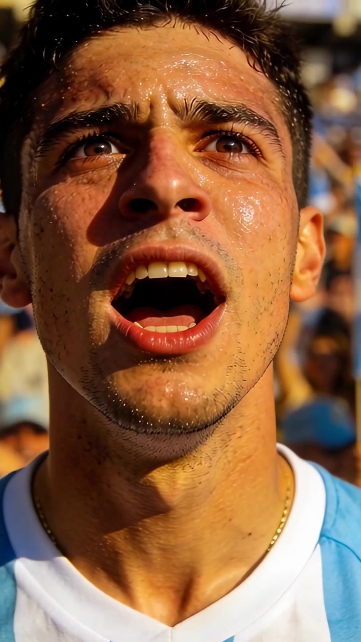 Vertical video: Shouting male fan tracking play overhead in stands, wearing blue jersey