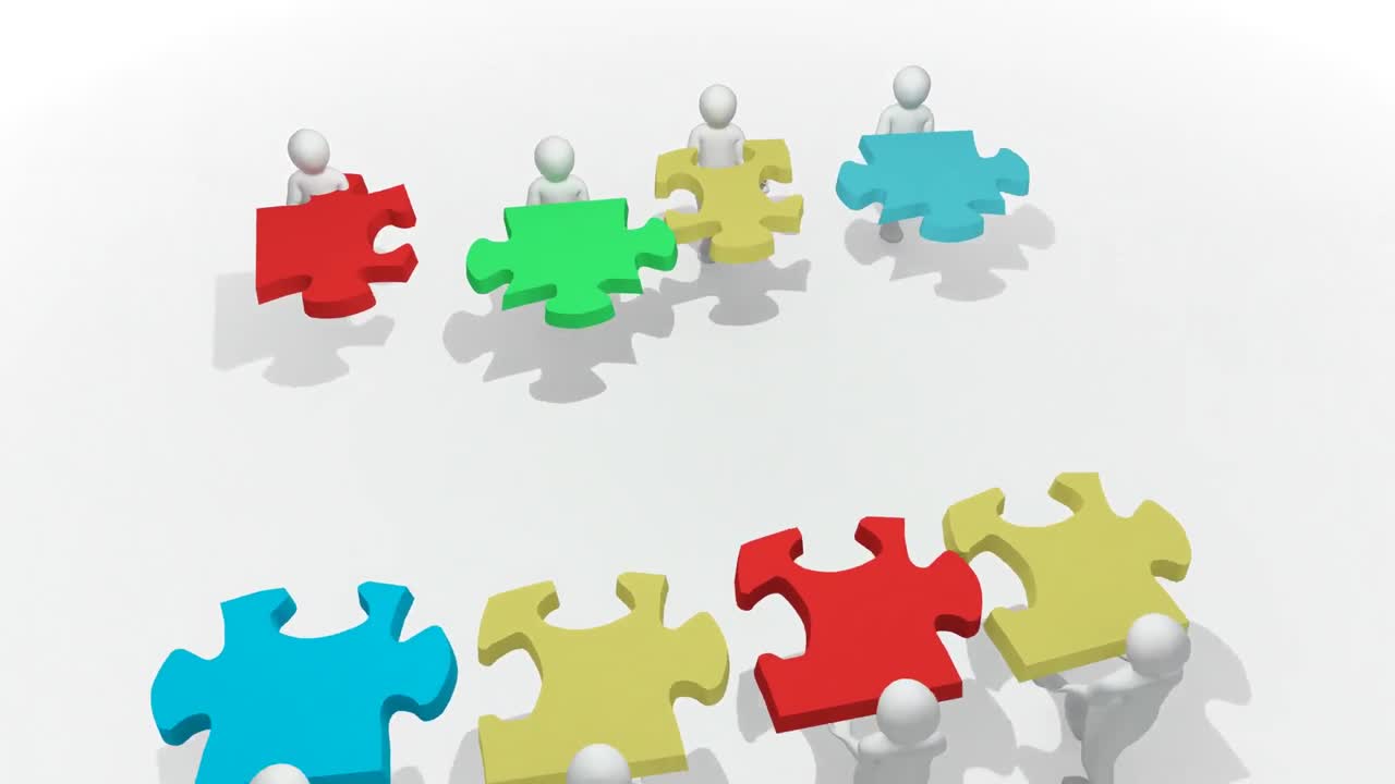 gráficos animados que presentan a hombres en 3d haciendo un rompecabezas