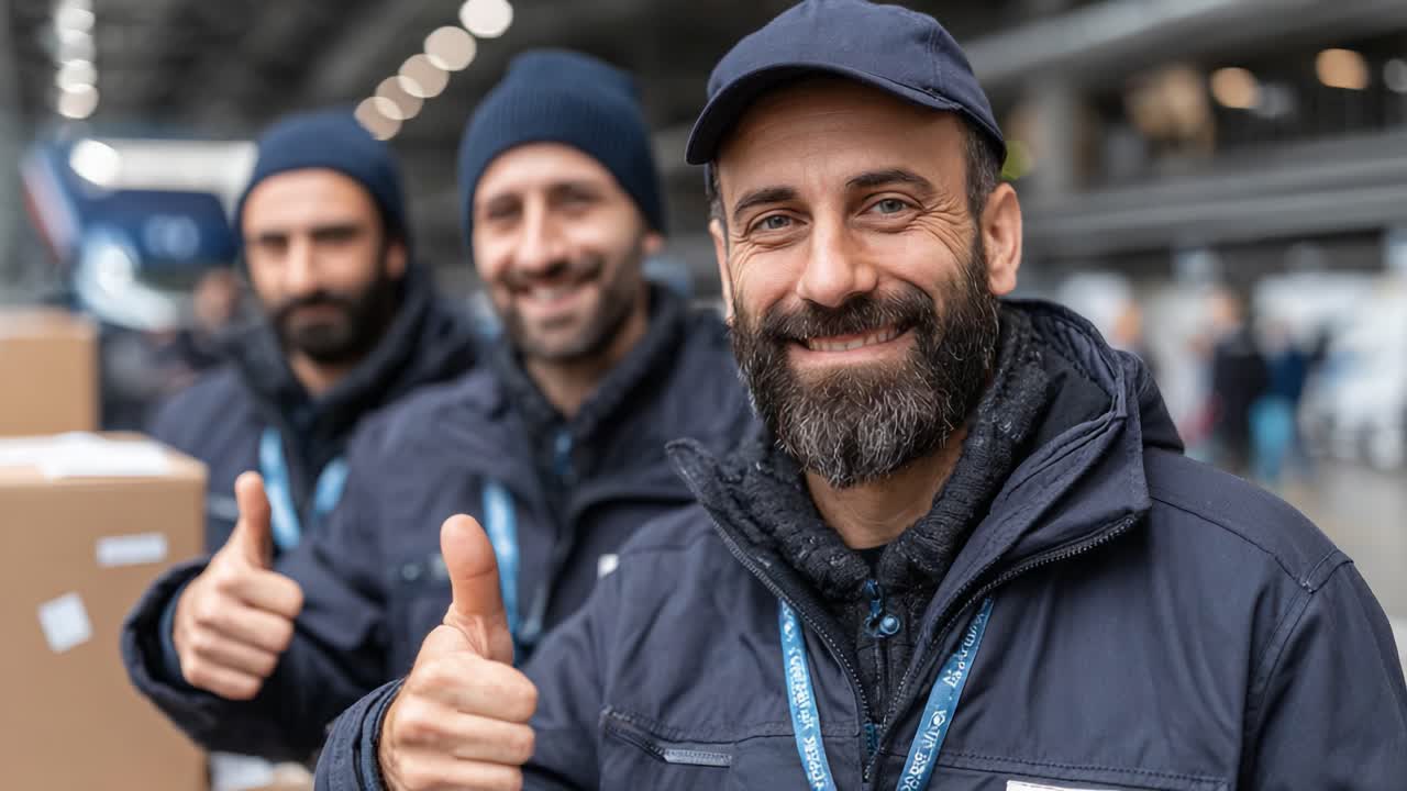 Three Smiling Workers in Uniform Giving Thumbs Up at Warehouse Facility, Showcasing Team Spirit and Positive Attitude in Their Duties and Responsibilities
