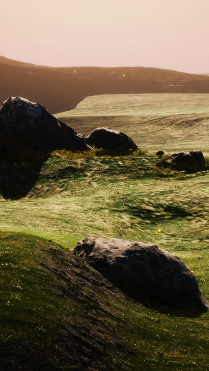 el atardecer sereno de las praderas con luciérnagas brillantes