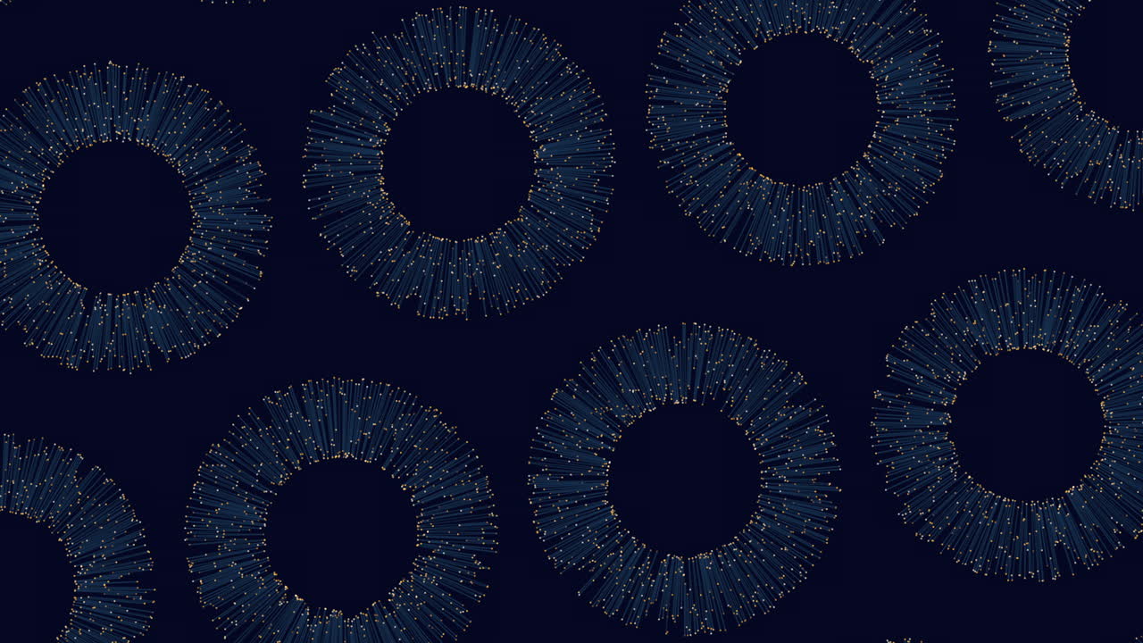 Symmetric circular pattern of interconnected circles in varying sizes created by small lines on a deep blue backdrop, forming a visually captivating and repeating design concept