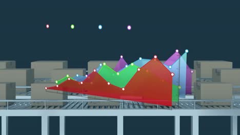 Statistical-data-processing-against-multiple-boxes-on-conveyor-belt-against-blue-background