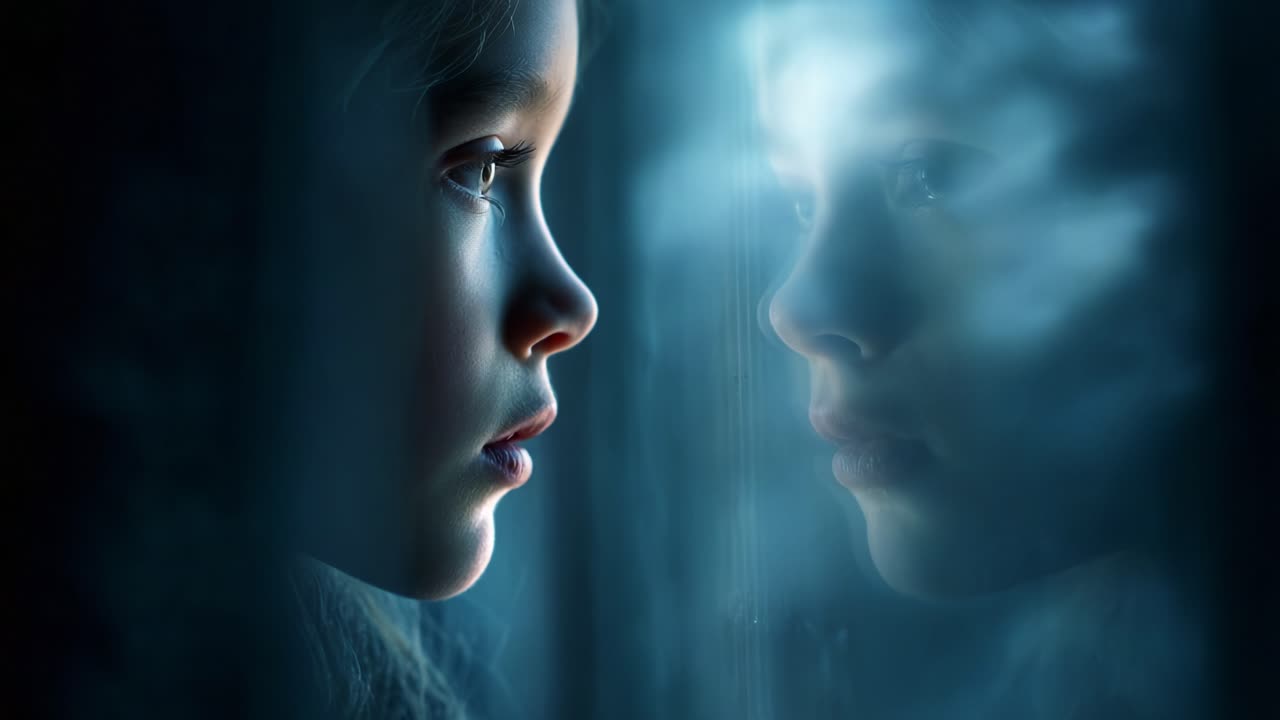 A contemplative moment captured through a window, highlighting the serene expression of a young child gazing through glass, reflecting an atmosphere of introspection and wonder